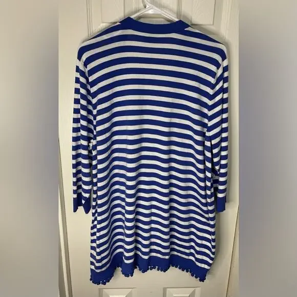 Talbots Blue White Stripe Coastal Lightweight Open Front Cardigan Pom Pom 3XP - Picture 6 of 8